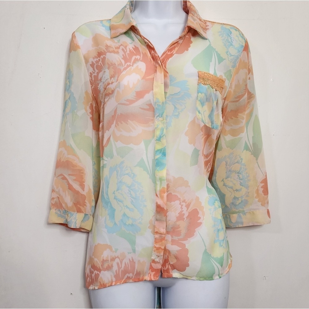 CANDIES Size Large Floral Chiffon French Lace Yoke Sheer Pastel Watercolor Top - Picture 2 of 9